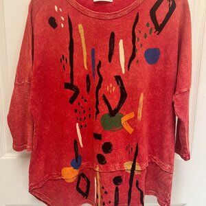 Jess & Jane Top Ladies XL Cotton Knit L/S Red Art Print Asymmetric Hem